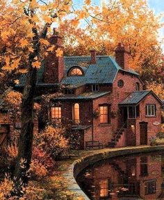 a painting of a red brick house next to a pond and trees with yellow leaves