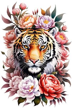 a tiger surrounded by flowers and leaves