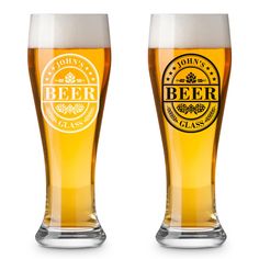 two beer glasses with different labels on them