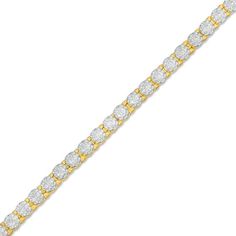 Wrap your wrist in the effortlessly elegant design of this exquisite diamond tennis bracelet. Crafted in warm 10K gold Each diamond in this stunning line sparkles in a textured bubble-like setting. This 2 ct. t.w. diamond bracelet measures 7.0 inches in length and secures with a tongue and groove clasp. Yellow Gold Tennis Bracelet With Sparkling Stones, Sparkling Gold Tennis Bracelet For Anniversary, Gold Tennis Bracelet With Pave Setting, Diamond Tennis Bracelet, Tongue And Groove, Tennis Bracelet Diamond, Tennis Bracelet, 10k Gold, Embroidered Friendship Bracelet