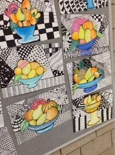 this is a drawing of fruit in a bowl on a checkered tablecloth background