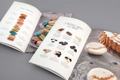 an open cookbook with desserts and pastries on it's pages, sitting on a table