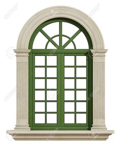 an arched window with green glass and white trim on the outside wall, isolated against a white background