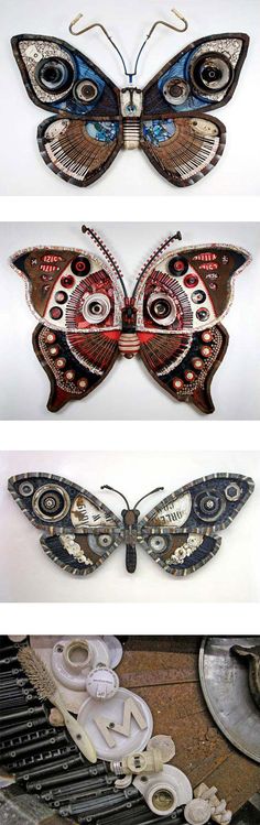 four different images of butterfly sculptures on display