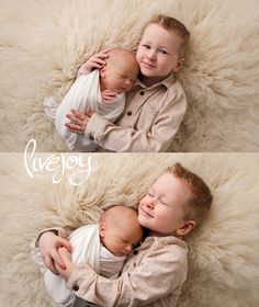 two baby boys cuddle together on a fluffy white blanket and smile at the camera