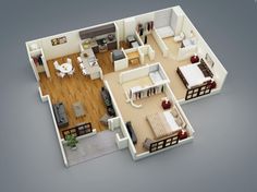 two bedroom apartment floor plan with living room and dining area in the center, open concept