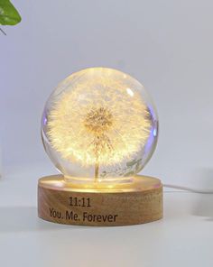 a glass ball with a dandelion inside it on a wooden base that reads 11 11 you me forever