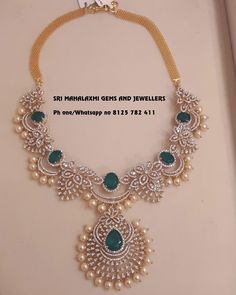 Latest designs of Diamond necklaces Dress Green Emerald, Emerald Accessories, Sneha Reddy, Diamond Wedding Jewelry, Kundan Jewelry, Jewelry Designing, Gold Jewelry Simple Necklace, Gold Necklace Indian Bridal Jewelry, Diamond Necklace Designs