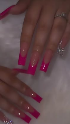 Hot Pink Medium Acrylic Nails, Fuschia Pink Nail Designs, Long Acrylic Nails Hot Pink, Sparkly Pink Acrylic Nails, Pink Prom Nails Acrylic, Hot Pink Birthday Nails, Hot Pink Nails Summer, Hot Pink Square Nails, Fuschia Nails