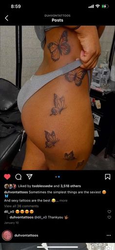 Tattoo Inspo For Mom, Back Tattoo Combination, Trending Female Tattoos, Side Hip Tattoos Black Women, Butterfly Body Tattoo, Unique Side Thigh Tattoos, Cute Back Tattoos For Women Unique, Cool Hip Tattoos For Women, Baddie Neck Tattoos Butterfly