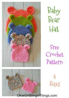 crochet baby bear hat and booties are shown in three different colors, with the