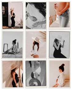 a collage of black and white photos with women in dresses, hats, and jeans