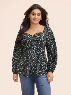 Heart Neckline Ditsy Floral Shirred Blouse – BloomChic Trendy Non-stretch Floral Print Blouse, Chic Long Sleeve Tops With Ditsy Floral Print, Chic Ditsy Floral Print Long Sleeve Tops, Casual Square Neck Blouse For Fall, Fall V-neck Top With Ditsy Floral Print, Fall Ditsy Floral Print V-neck Top, Chic Ditsy Floral Print Tops For Fall, Trendy Fitted Floral Print Blouse, Casual Long Sleeve Blouse With Ditsy Floral Print