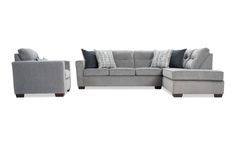 a gray couch and chair with pillows on it's back cushions are facing each other