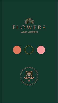 the flowers and green logo is shown on a dark green background with three circles in different colors