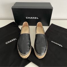 Gorgeous And Extremely Comfortable! Black Lambskin, Comes With 2 Dust Bags And Original Box. Shoes Chanel, Chanel Black, Chanel Shoes, Espadrilles, Original Box, Dust Bag, Chanel, Size 7, The Originals