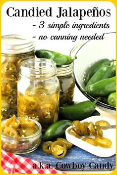 an advertisement for canned jalapenos on a table with pickles and peppers