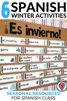 Winter vocabulary words in Spanish with images on a bulletin board titled Es invierno! Resources Bulletin Board, Winter Fun Activities, Winter Vocabulary Words, Spanish Word Wall, Winter Vocabulary, Spanish Classroom Decor, Words In Spanish, Spanish Sentences, Vocabulary Word Walls