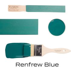 a paintbrush and some green paints with the words renfrew blue on it