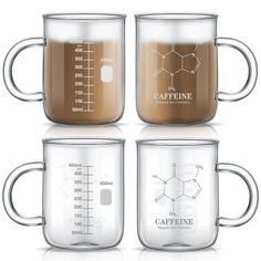 three coffee mugs with different types of caffeine in them, one is filled with liquid and the other has a measuring cup