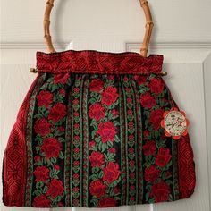 Just In Time For The Holidays! This Beautiful Red, Green And Black Handbag With Bamboo Handle Is Perfect For Your Evening Holiday Events! It’s Unique And Classy - Everyone Will Want To Know Where To Her This One! Red Square Satchel With Handles, Vintage Red Bags For Daily Use, Red Satchel Bucket Bag With Top Carry Handle, Embroidered Red Tote Bag, Red Embroidered Rectangular Bag, Vintage Handmade Red Satchel, Handmade Vintage Red Satchel, Traditional Red Bag With Removable Pouch, Vintage Red Handmade Satchel