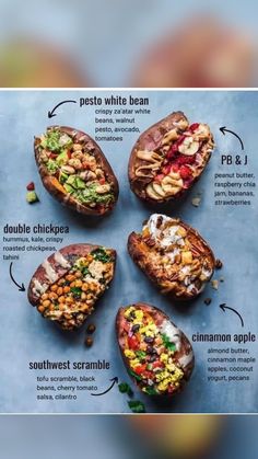 four baked potatoes with different types of food on the top, labeled in english and spanish