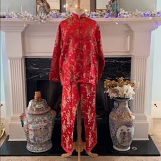 Nwt Red Chinese Dragon Mandarin Jacket/Pants. Beautiful Pant Suit Or Lounging Pajamas. Red Chinese Dragon, Lounge Pajamas, Pant Suit, Chinese Dragon, Pants Color, Red Gold, Pant Jumpsuit, Pajamas, Pants For Women