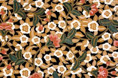 an intricately designed wallpaper with flowers and leaves in gold, green, red and white