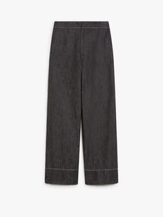 Find MAX MARA Cotton Wide-leg Trousers on Editorialist. Trousers in pure cotton denim-effect fabric, featuring a wide-leg and contrasting stitching. The style features slant pockets on the sides, patch pockets and elasticated waist on the back. Front fastening with concealed zip and hook. Denim Cropped Leg Pants With Seam Detailing, Modern Denim Pants With Contrast Stitching For Work, Dark Wash Cropped Leg Bottoms With Seam Detailing, Denim Bottoms With Contrast Stitching For Work, Dark Wash Workwear Bottoms With Contrast Stitching, Dark Wash Bottoms With Contrast Stitching For Work, Chic Jeans For Work With Contrast Stitching, Denim Flare Jeans With Seam Detailing For Work, Dark Wash Cotton Bottoms With Contrast Stitching