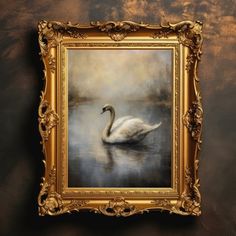 a painting of a white swan floating on top of a body of water in a gold frame