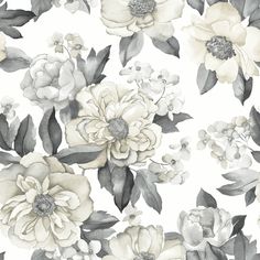 a white and black floral wallpaper with lots of flowers