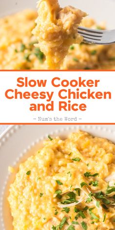 a close up of a plate of food with chicken and rice on it, text reads slow cooker cheesy chicken and rice