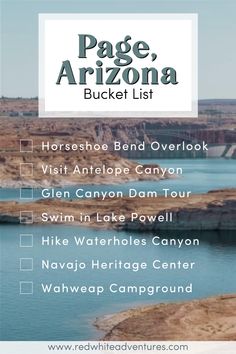 the page arizona bucket list is shown with water and mountains in the background, along with text