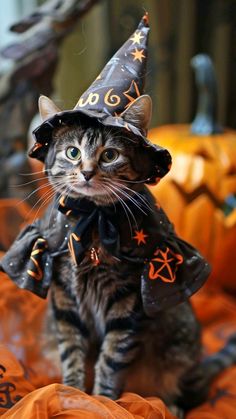 a cat dressed up as a witch sitting on top of a bed with pumpkins