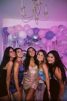 Group of girlfriends posing for a picture on a disposable camera. Euphoria vibe in the back with pink, purple, and silver balloon arc and glitter Purple Pink And Silver Birthday Party, Purple And Pink Themed Birthday Party, Pink Purple Silver Party, Purple Balloons Birthday, Euphoric Party Outfit, Euphoria Birthday Party Outfits, Birthday Outfit With Friends, Birthday Photos Friends, 18th Birthday Party Ideas Euphoria