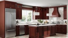 a large kitchen with wooden cabinets and white counter tops