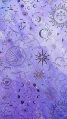 an artistic purple and blue background with stars, planets, and moon shapes on it