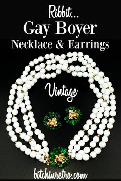 An adorable gold frog perched on a green enamel lily pad decorates the clasp of this milk glass (4) strand necklace with matching earrings from Gay Boyer. This set is believed to be one of her earlier designs from the 1970's.  Perfect vintage look.  #milkglass #frogs #frog #vintage #vintagejewelry #spring #toads #beaded #bitchinretro Elements Of Nature, Retro Vintage Style, Green Enamel, Vintage Wallpaper, Vintage Costume Jewelry, Glass Necklace, Lily Pads, Necklace Earring Set