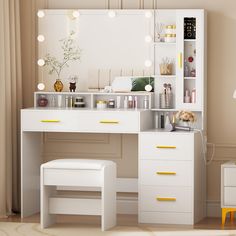 a white desk with yellow drawers and lights