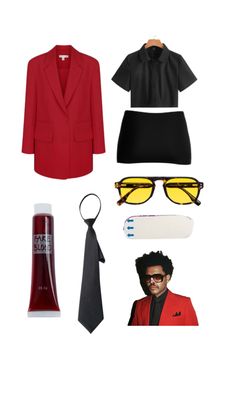 a woman's outfit and accessories including sunglasses, red blazer, black shirt, tie