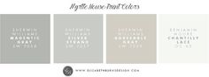 some gray and white paint colors with the names of their favorite color schemes for your home