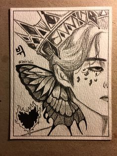 a drawing of a woman's face with a butterfly on her head and the words,