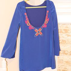 Judith March Nwt Royal Blue Long Bell Sleeves Back Dips Down To A Low Cut V With Beautiful Pink And Orange Embroidery. Blue Mini Dress With Floral Embroidery, Royal Blue Long Sleeve Mini Dress For Spring, Spring Blue Embroidered Mini Dress, Blue Bohemian Dress With Embroidered Neckline, Blue Long Sleeve Dress With Embroidered Neckline, Blue Floral Embroidered Mini Dress For Vacation, Long Sleeve Blue Dress With Embroidered Neckline, Blue Floral Embroidery Mini Dress For Vacation, Blue Floral Embroidered Dress For Brunch