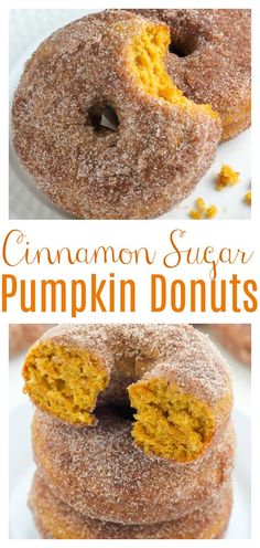 cinnamon sugar pumpkin donuts are stacked on top of each other and have been cut in half