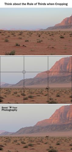 three different views of the desert with mountains in the background and an empty field below