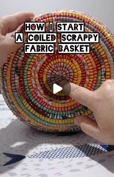 a person is holding a basket made out of colored fabric and text that reads how i start a cold scrappy fabric basket