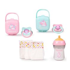 a baby's toy set including a bottle, pacifier and diaper bag