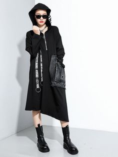 Sku CY-!64983 Material >80%Cotton , Knitting Style Long Sleeves , Personality Feature Breathable , Flexible , Hooded , Split-joint , Zipper Occasion Original Creation , Leisure Fashion Seasons Spring , Autumn Type Dresses Color BLACK Size FREE SIZE Model's weight:50kg Model's height:170cm（66.93inches) Please consult the size chart we provide for this item's measurements to help you decide which size to buy.Please note: There may be 1-3cm differ due to manual measurement.CMINCH Bust Shoulder Slee Casual Black Winter Dresses, Black Hooded Dress For Fall, Casual Black Sweater Dress For Fall, Casual Oversized Black Sweater Dress, Cotton Knitting, Black Long-sleeved Raincoat With Drawstring Hood, Leisure Fashion, Yoga Activewear, Boho Style Dresses