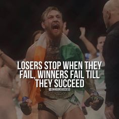 a man with his mouth open and the words, losers stop when they fail winners fail