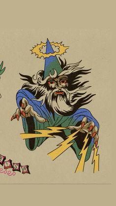 an old school tattoo design with a wizard on it